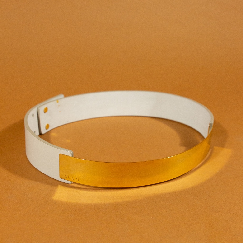 Gucci White Leather Waist Belt With Gold Metal Front.